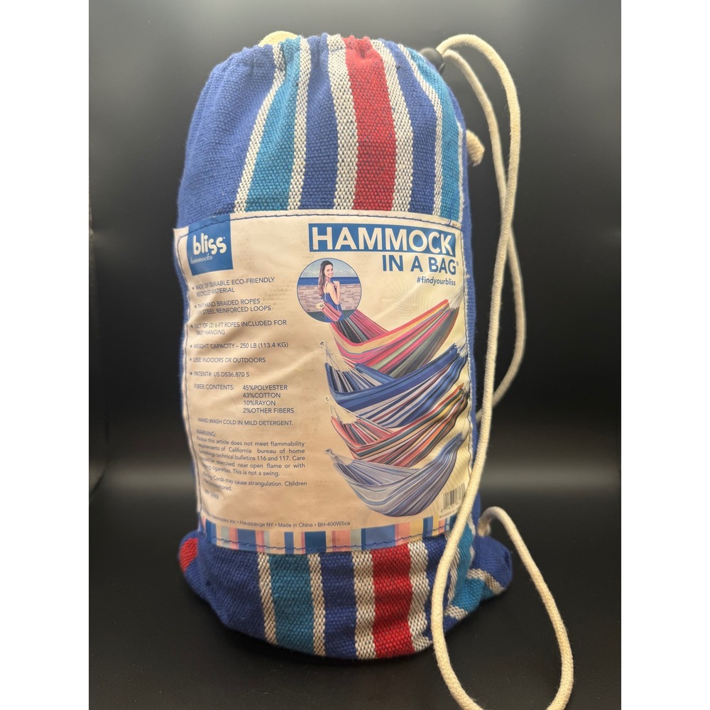 Bliss Hammock In A Bag Blue Striped Portable Travel Hammock New 220lb Capacity - Picture 10 of 10